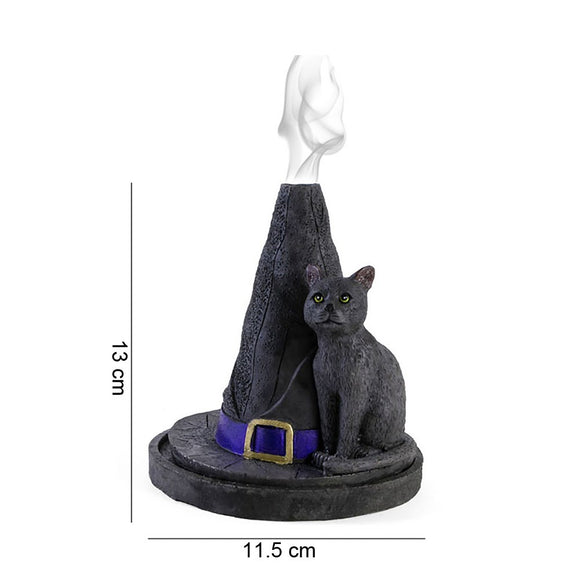 Cat and witch hat cone incense burner