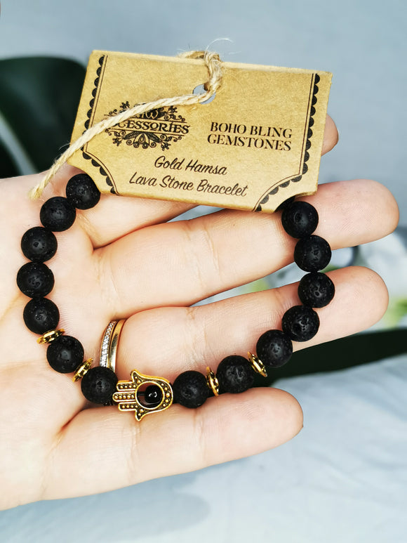 Lava stone and black hamsa bracelet